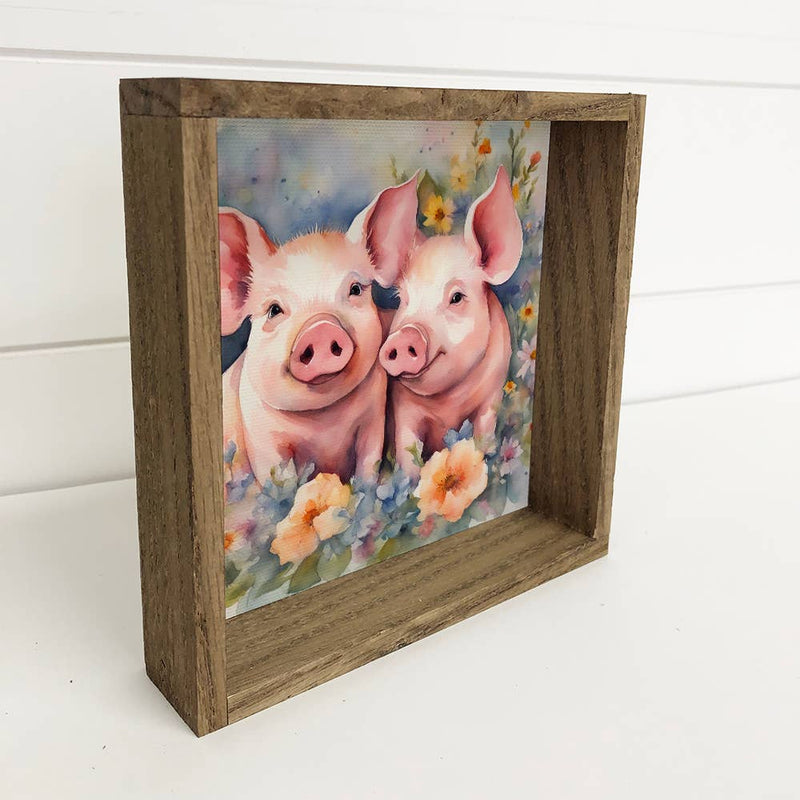Pig Pair in Flowers - Spring Time Pig Canvas Art - Framed