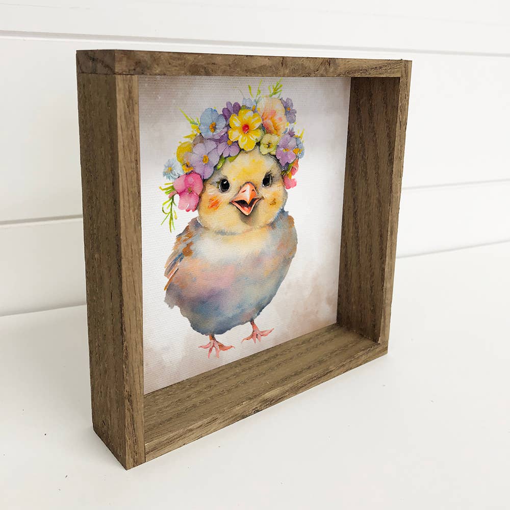 Cute Flower Chick - Nursery Art with Rustic Wood Frame