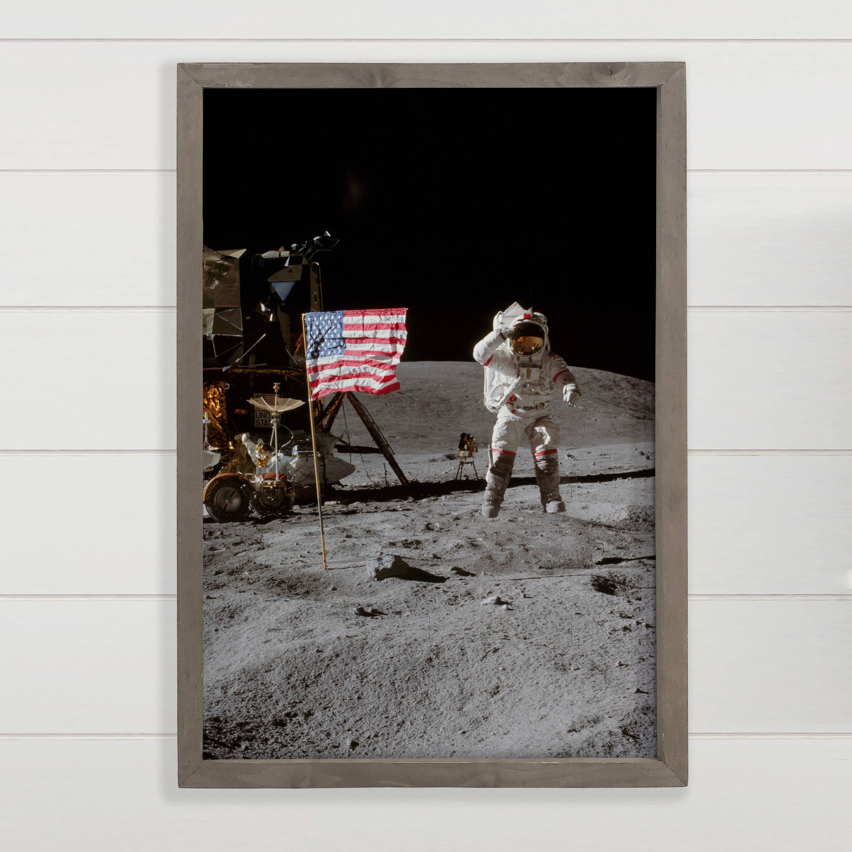 Apollo 16 Flag - Patriotic Flag Canvas Art - Wood Framed Art