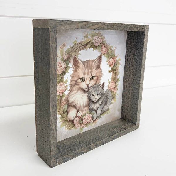 Mother Baby Gray Cat - Cat Canvas Art - Wood Framed Decor