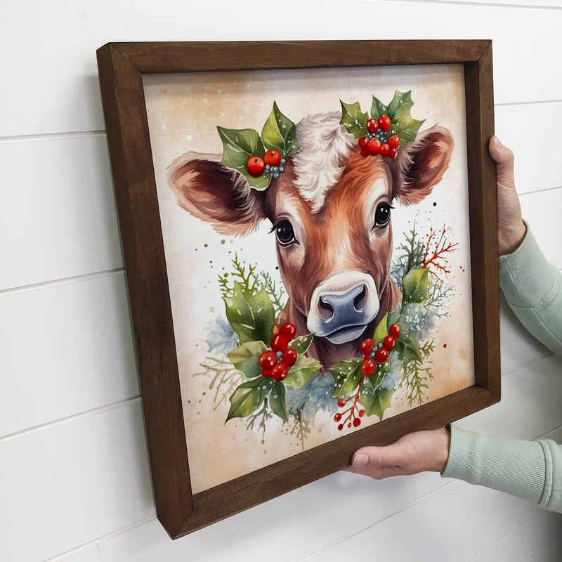 Cow Holly Berries - Cute Holiday Animal Canvas Art