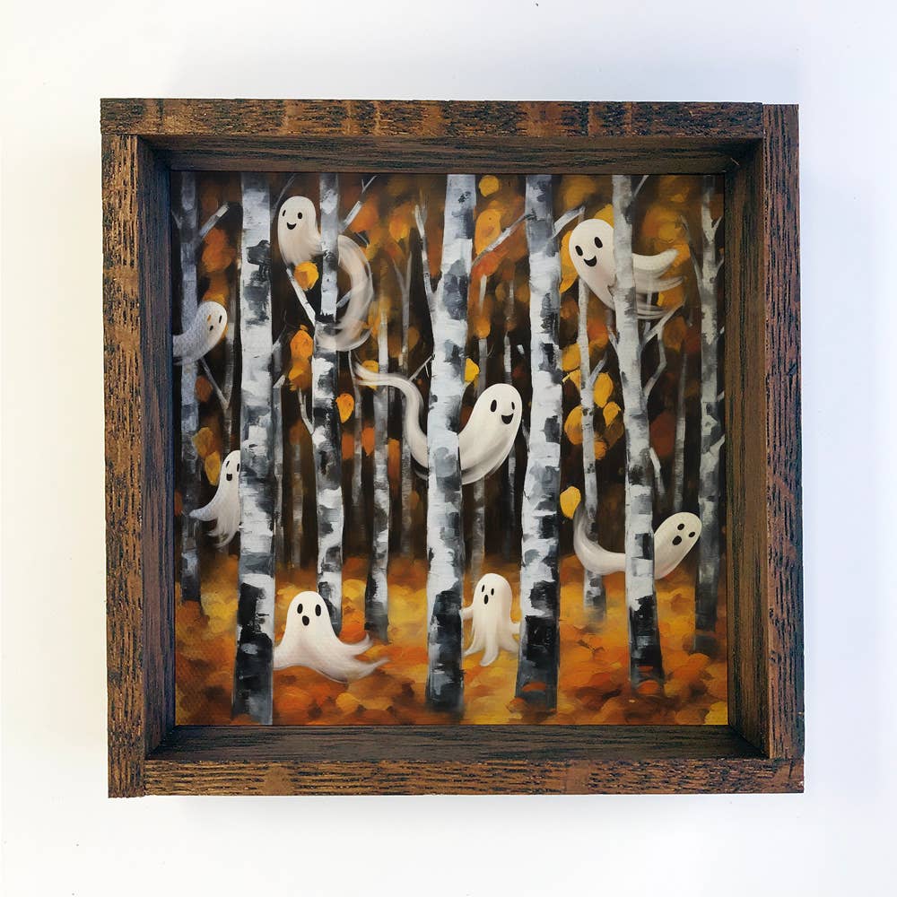 Halloween Ghosts in Birch Tree Forest - Square Wood Canvas