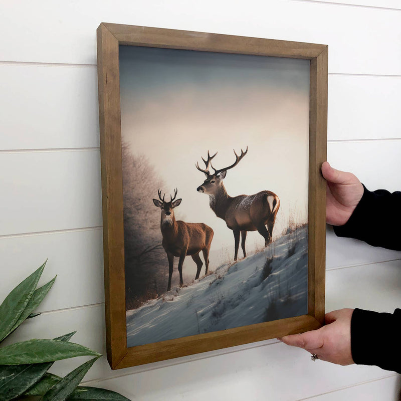 Pair of Deer - Framed Animal Canvas Art - Cabin Wall Decor