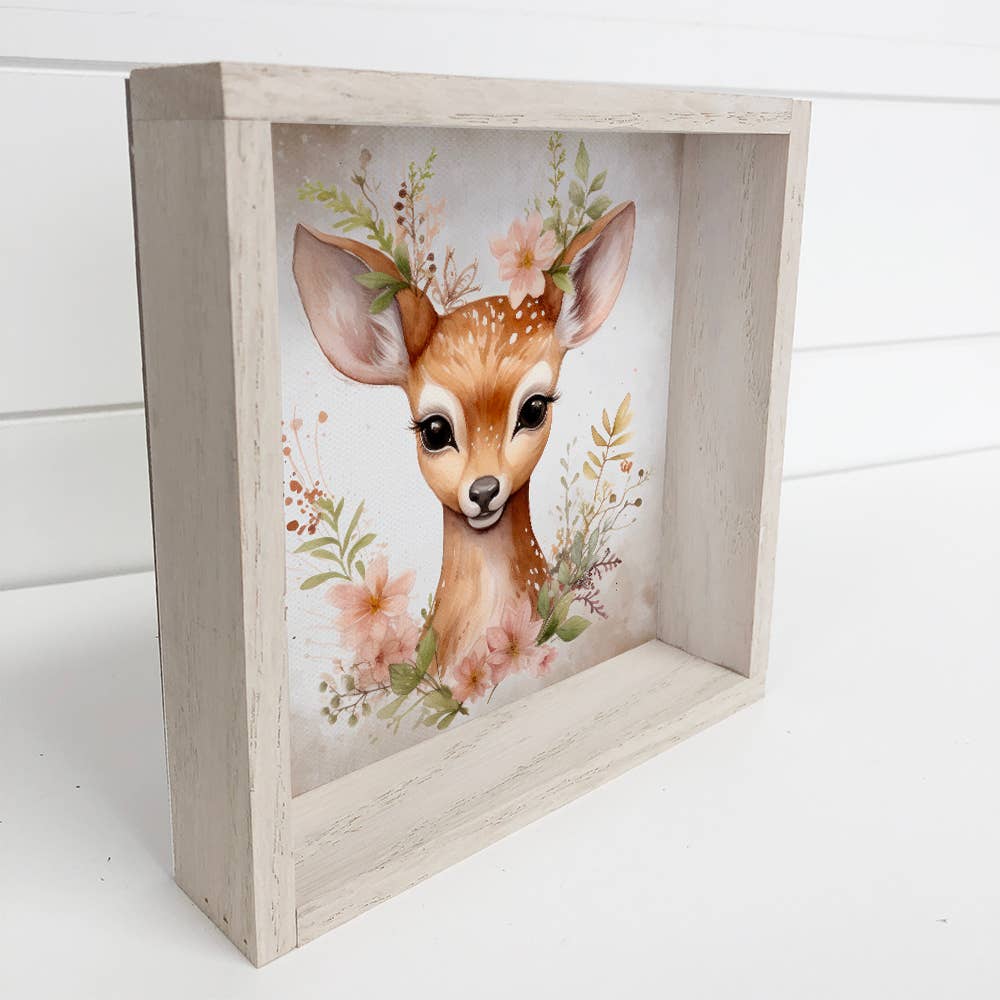 Boho Cute Deer Wall Art - Nursery Canvas Art - Wood Framed