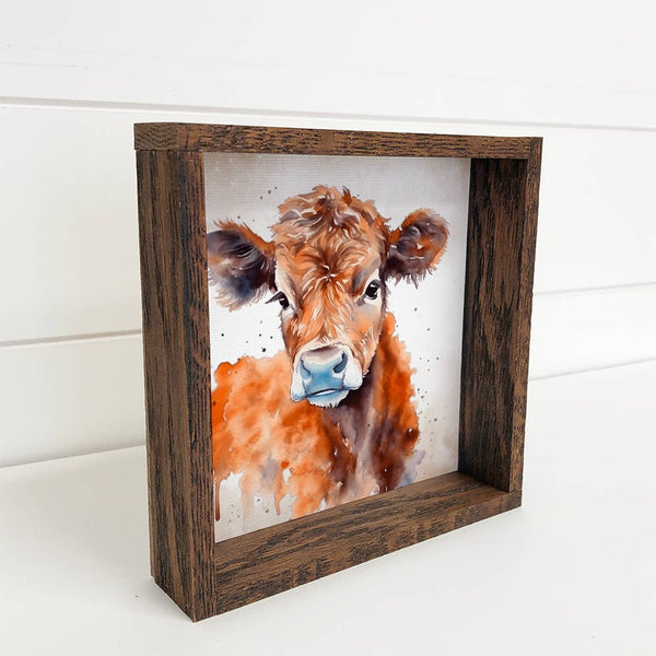 Brown Cow Watercolor - Brown Cow Art with Dark Wood Frame