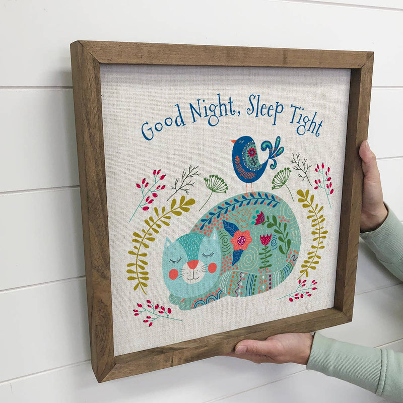 Folk Cat Good Night Sleep Tight Wall Art - Animal Folk Art