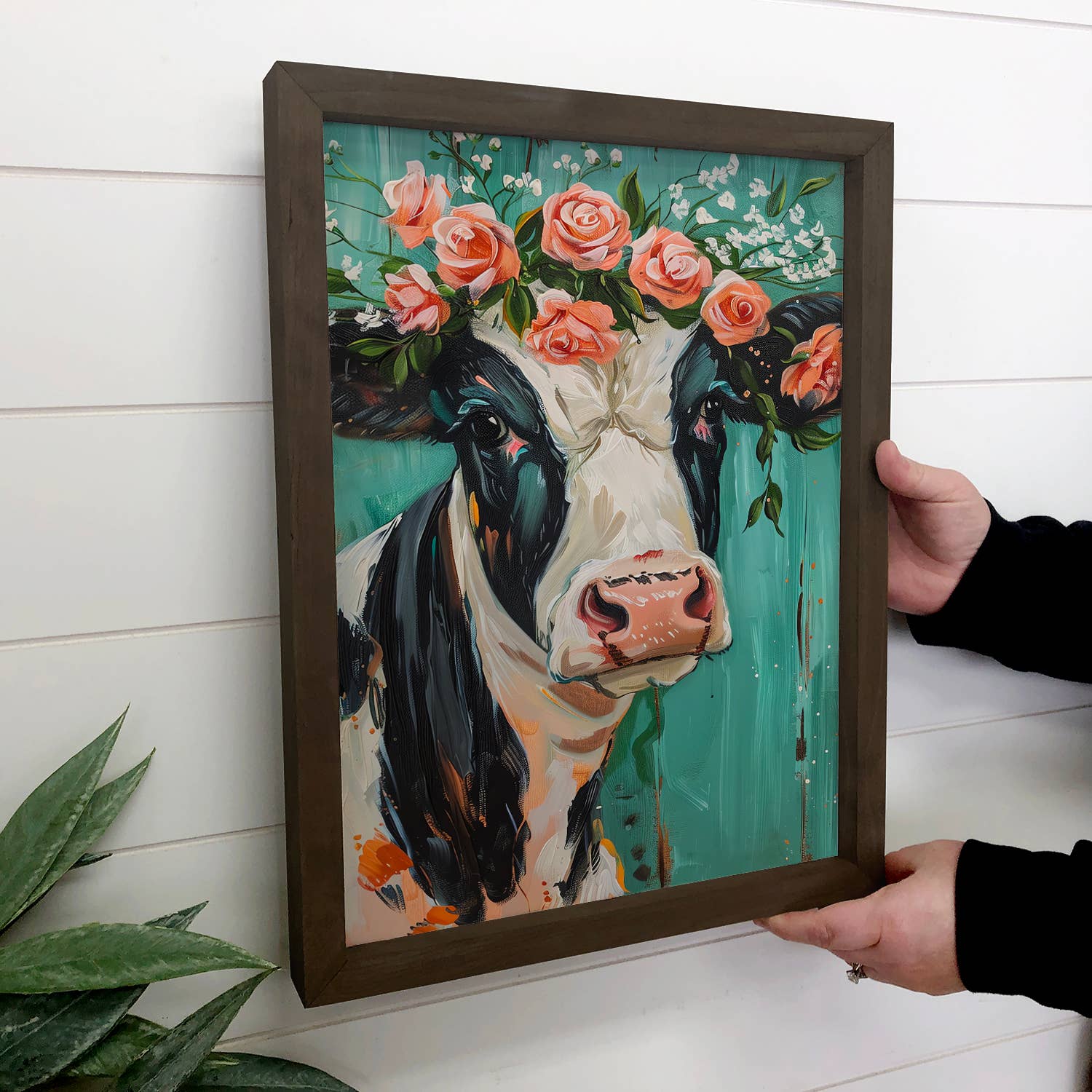 Cow with Pink Flowers Turquoise Background - Cow Canvas Art