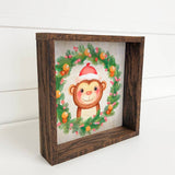 Christmas Wreath Monkey - Cute Holiday Animal - Framed Decor