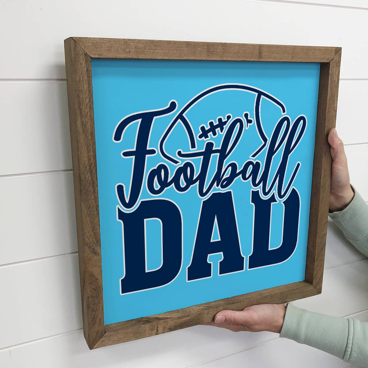 Custom Team Colors Football Dad Decor with Aged Oak Frame