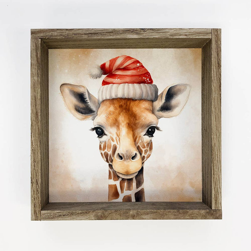 Giraffe Santa Hat - Cute Holiday Animal Canvas Art - Framed