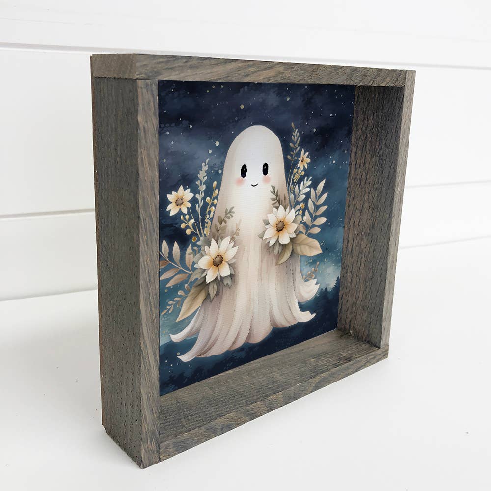 Cute Ghost With Flowers - Halloween Canvas Art - Framed Art