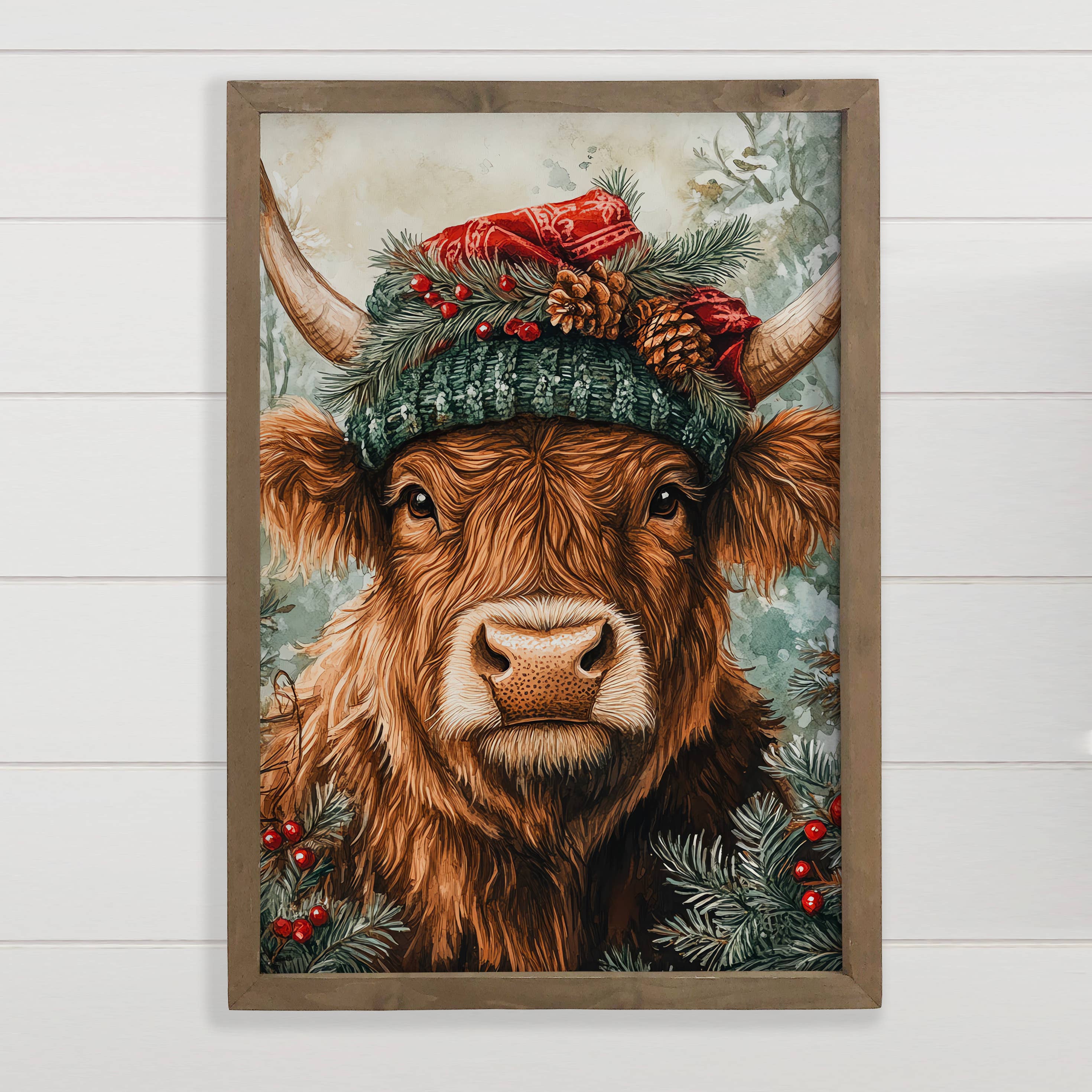 Christmas Winter Long Haired Cow - Holiday Cow Wall Art