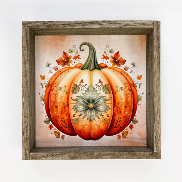Folk Fancy Painted Pumpkin - Fall Wall Art - Framed Decor
