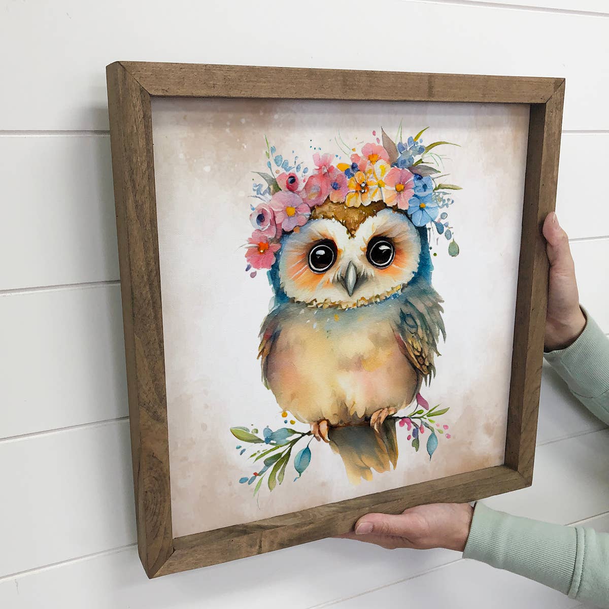 Cute Flower Owl - Nursery Wall Art with Rustic Wood Frame