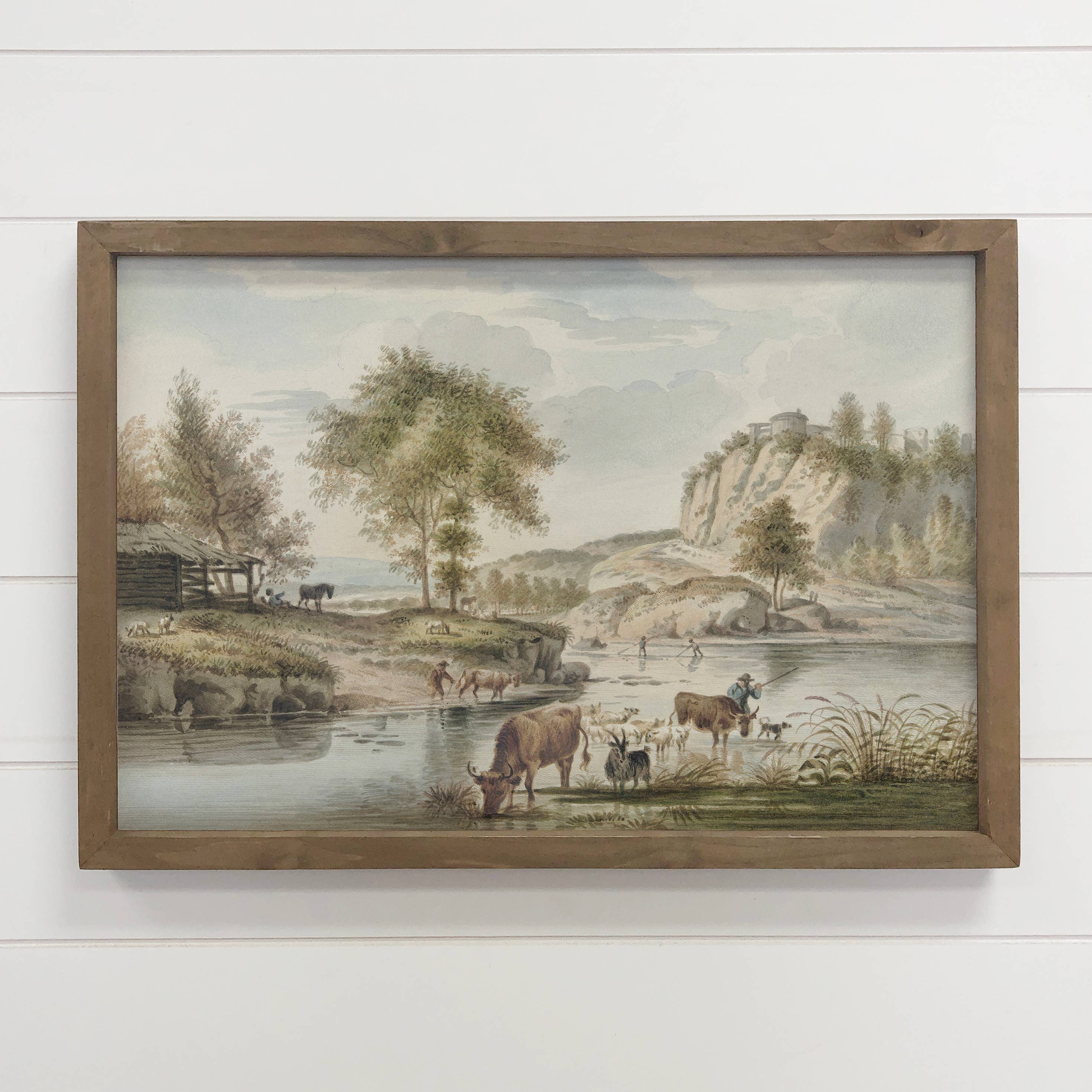 Riverside Famers with Cows - Farmhouse Canvas Art - Framed