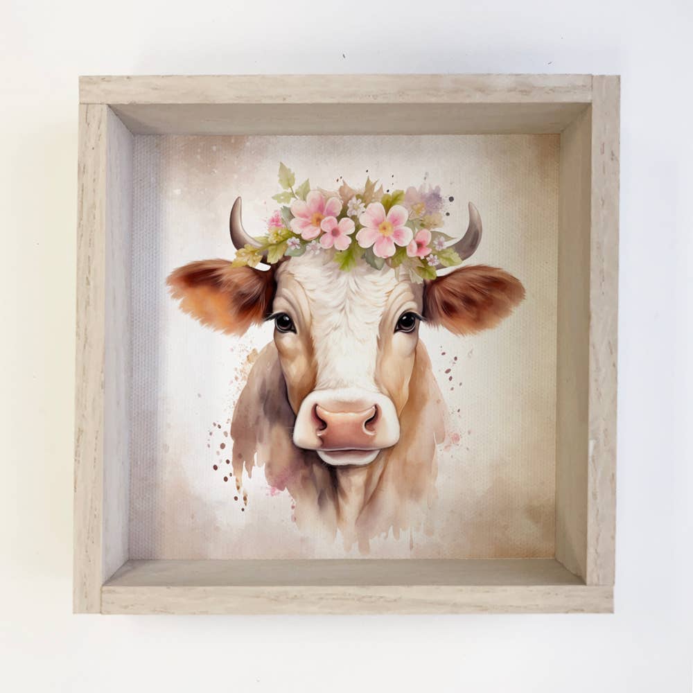 Springtime Flower Cow - Cute Cow Canvas Art - Wood Framed