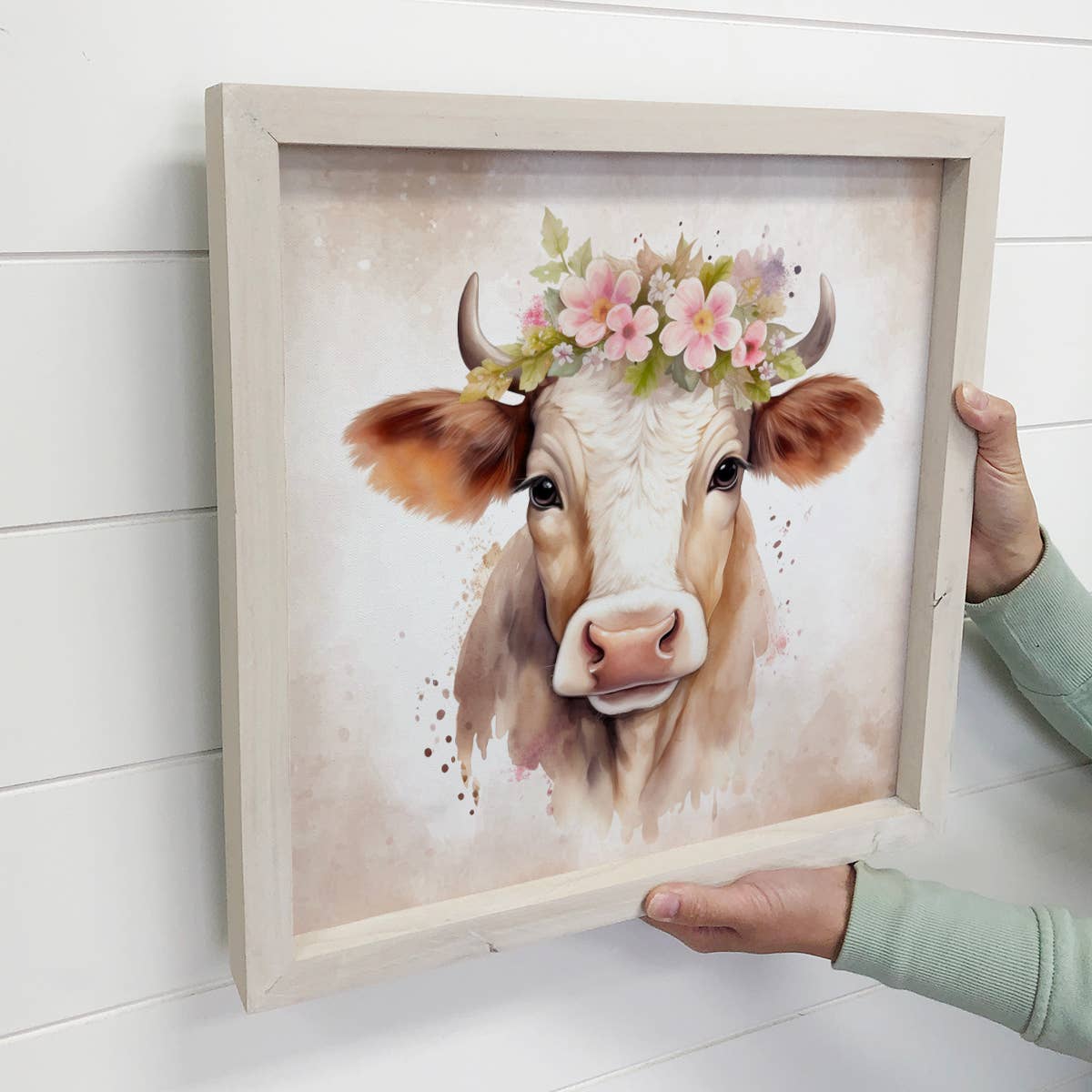 Springtime Flower Cow - Cute Cow Canvas Art - Wood Framed