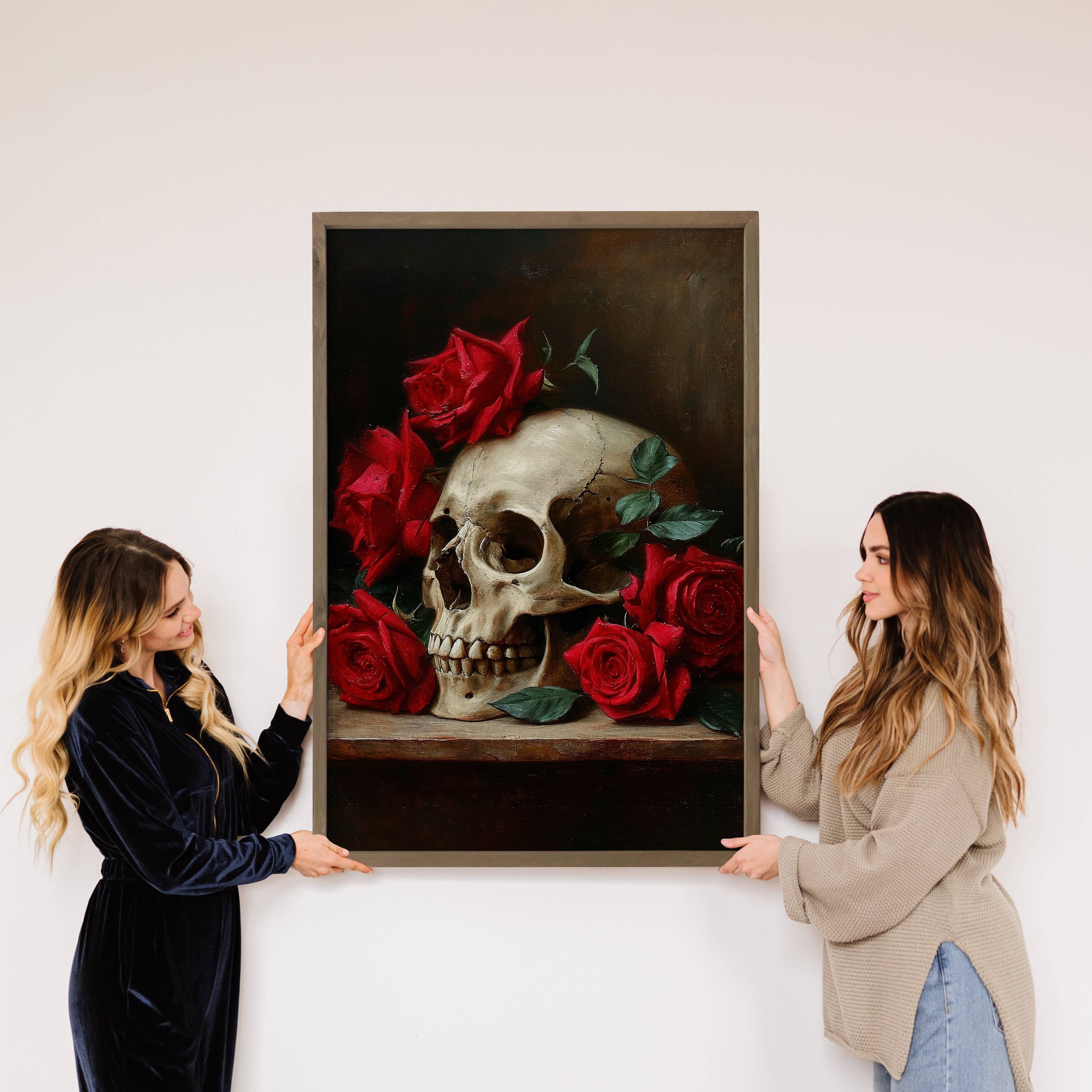 Skull with Red Roses - Skull Canvas Art - Wood Framed Decor