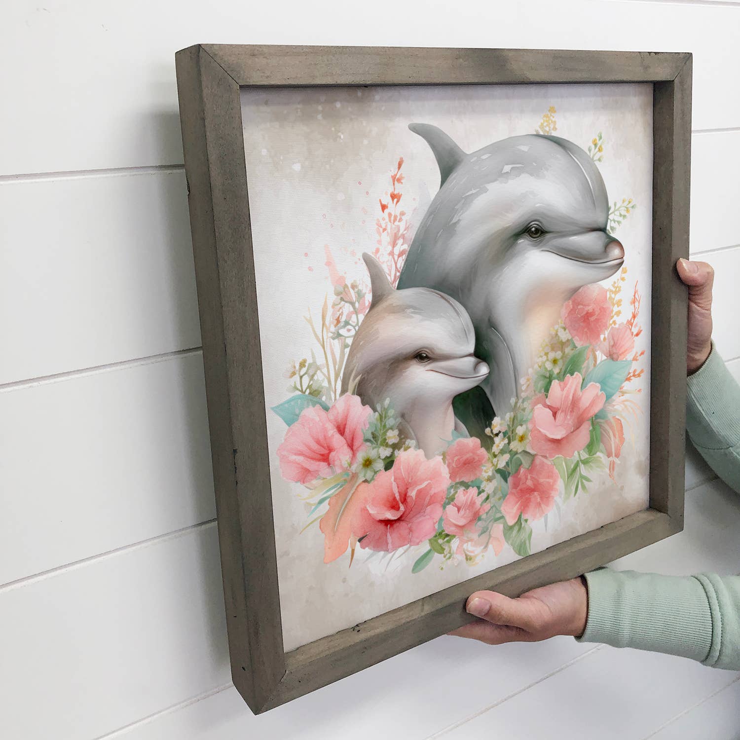 Mother Baby Dolphin Watercolor - Dolphin Canvas Art - Framed