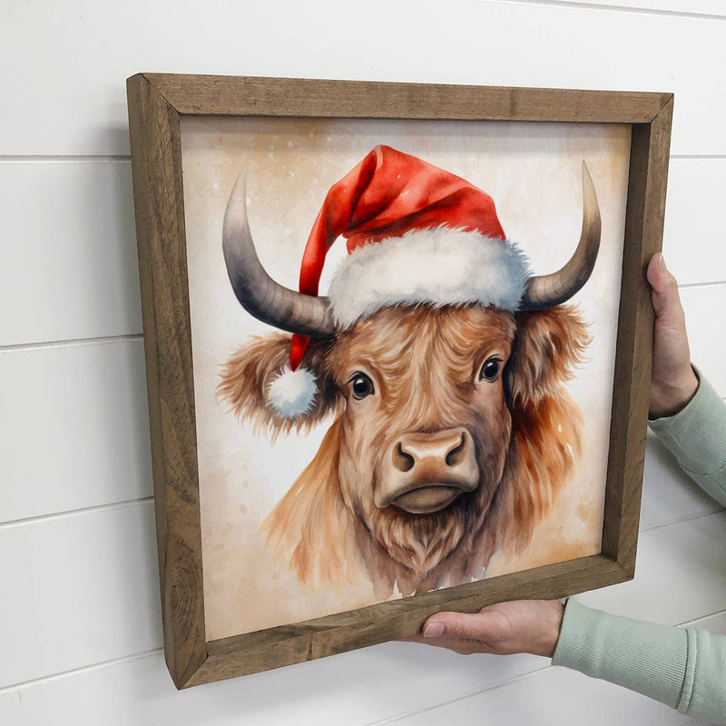 Highland Cow Santa Hat - Cute Holiday Animal Canvas Art