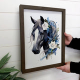 Horse Flower Watercolor - Animal Canvas Art - Wood Framed