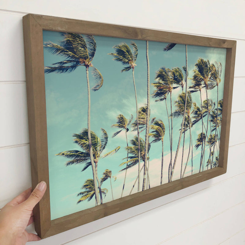 Windswept Palm Trees - Tropical Canvas Art - Wood Framed Art