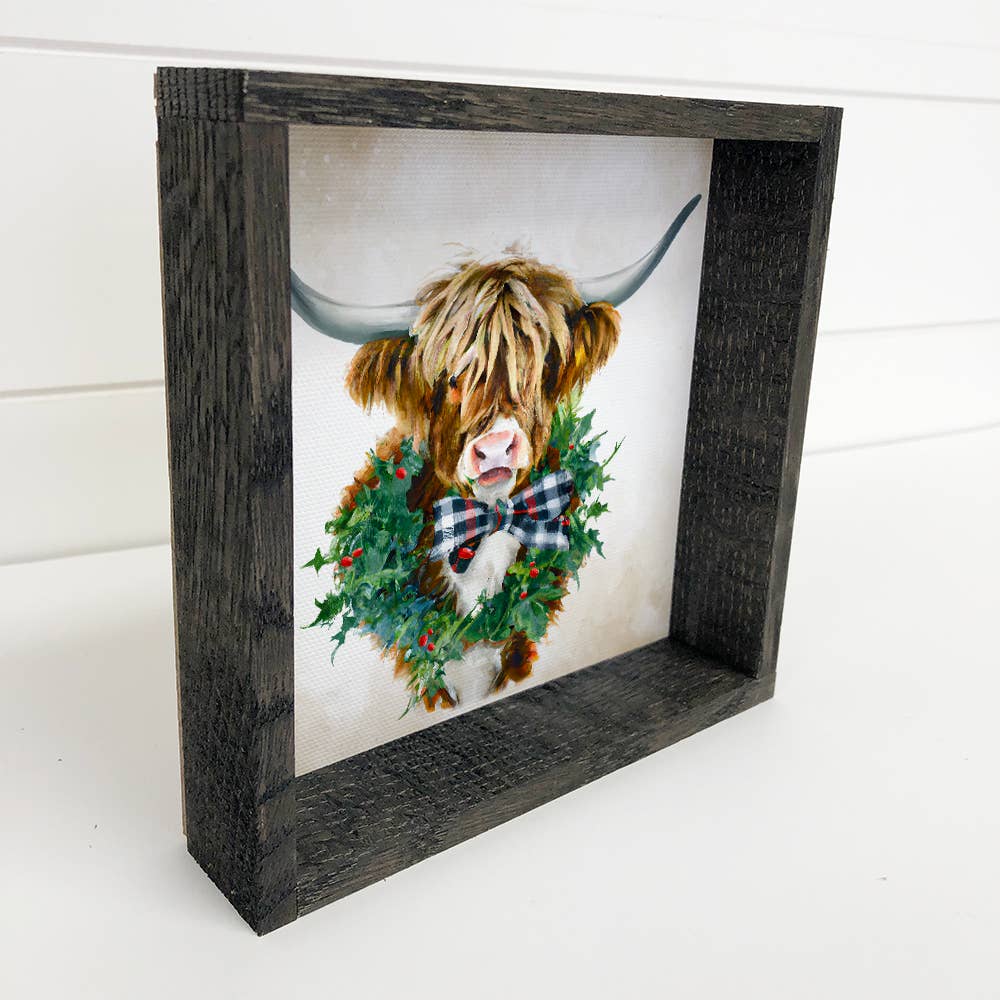 Christmas Sign- Highland Cow Bow & Wreath Small Sign