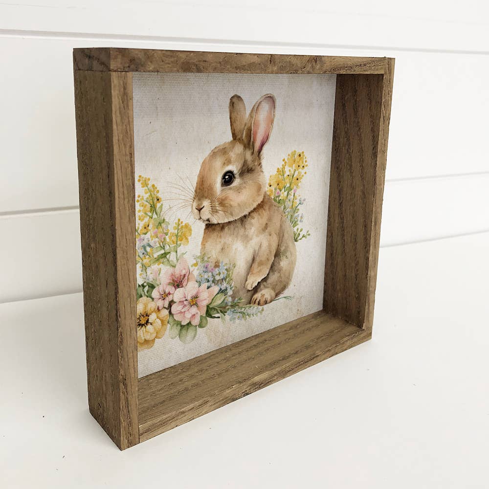 Vintage Bunny Flowers - Spring Time Bunny - Wood Framed Art