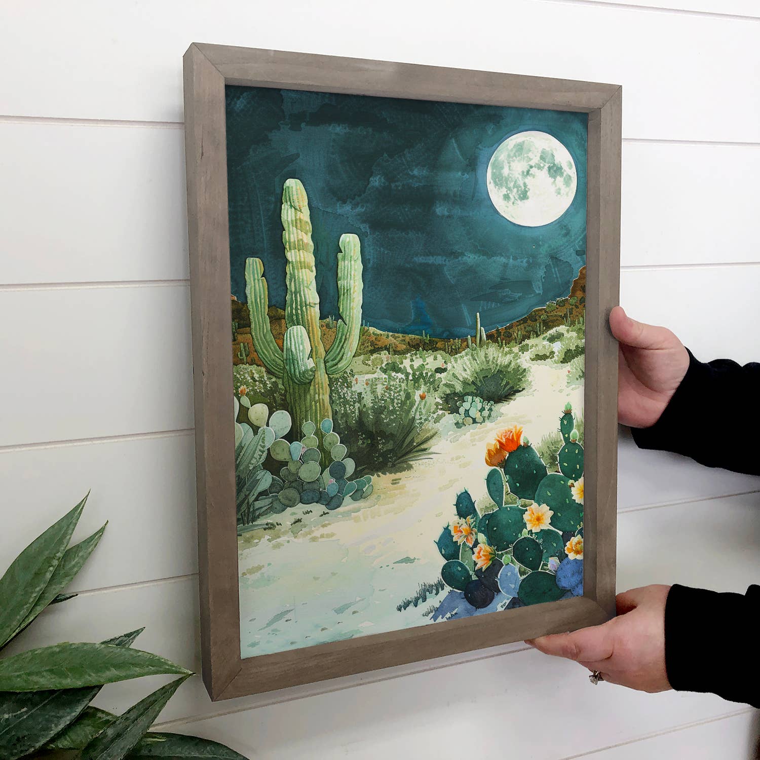 Moonlight Cactus Desert - Desert Canvas Art - Wood Framed