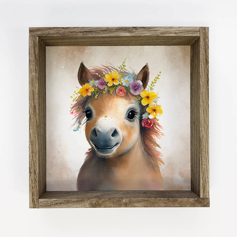 Cute Flower Horse - Nursey Art with Rustic Wood Sign