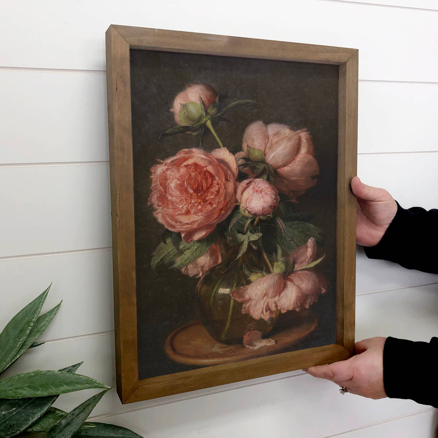 Peonies Vintage Glass Vase - Flower Canvas Art - Wood Framed