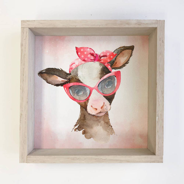 Baby Girl Cow in Sunglasses Whitewash Small Decor