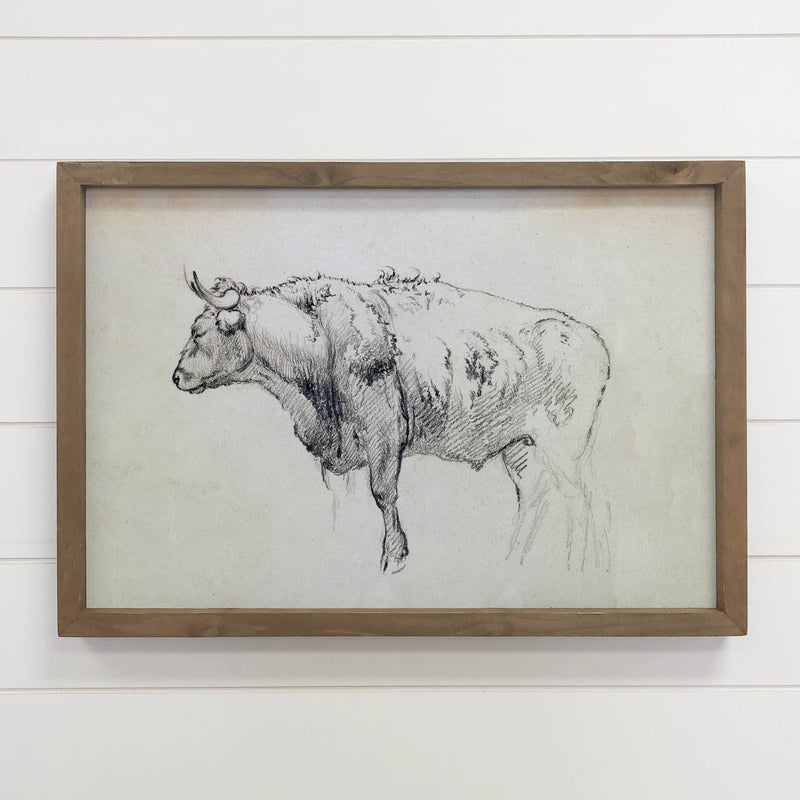 Bull Sketch - Ranch House Canvas Art - Wood Framed Bull Art