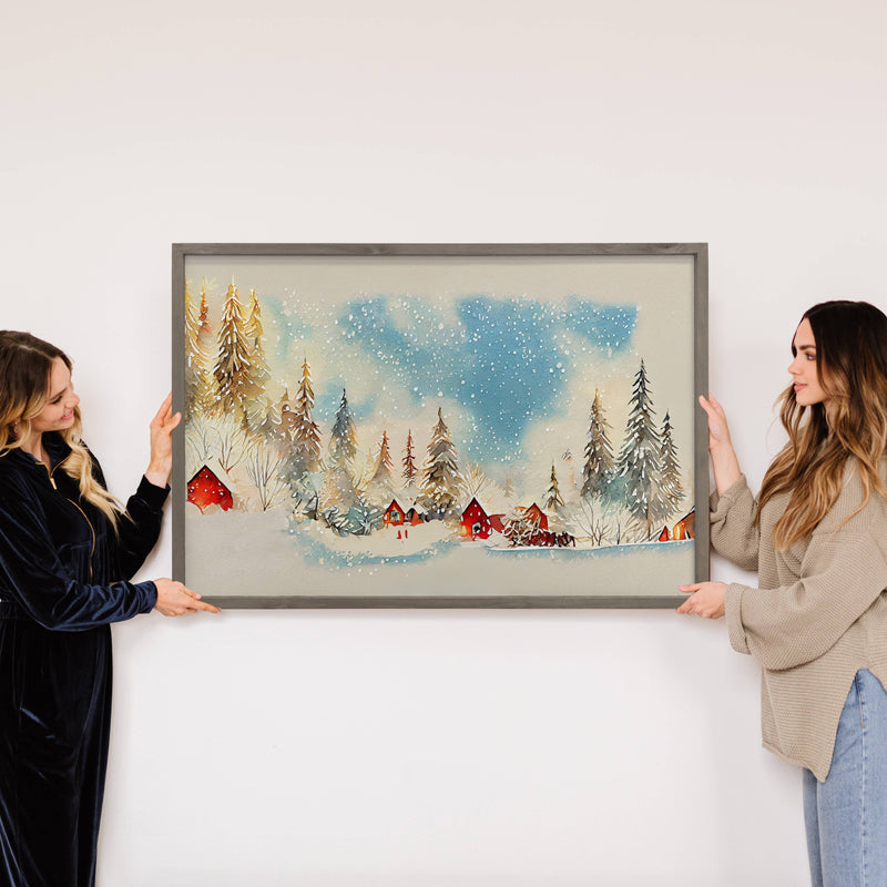 Snowy Christmas Village Wall Art with Wood Frame