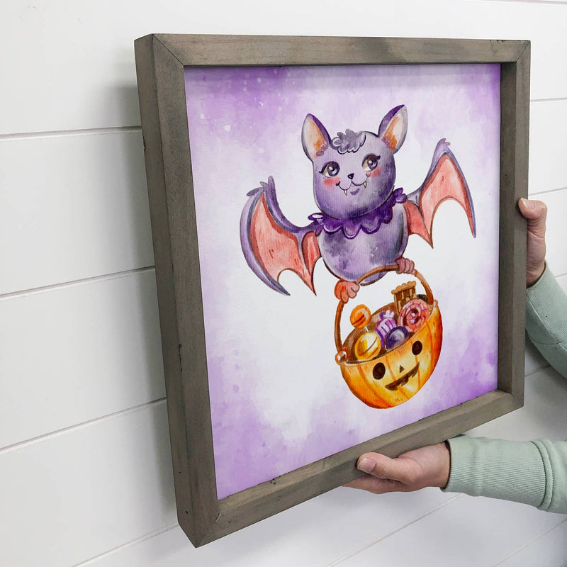 Trick or Treat Bat - Cute Bat Halloween Art - Halloween Sign