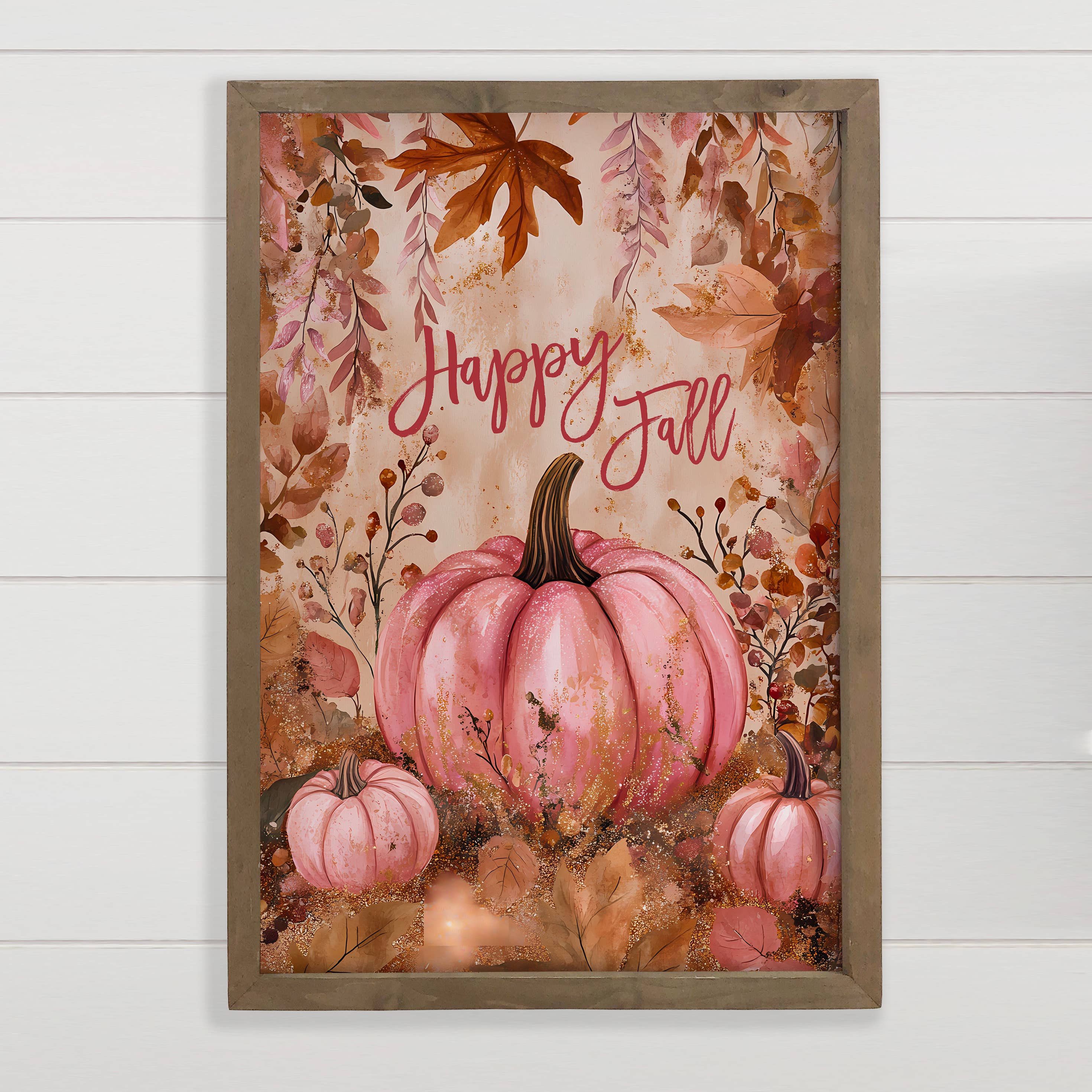 Happy Fall Pink Pumpkin - Fall Canvas Art - Wood Framed Art