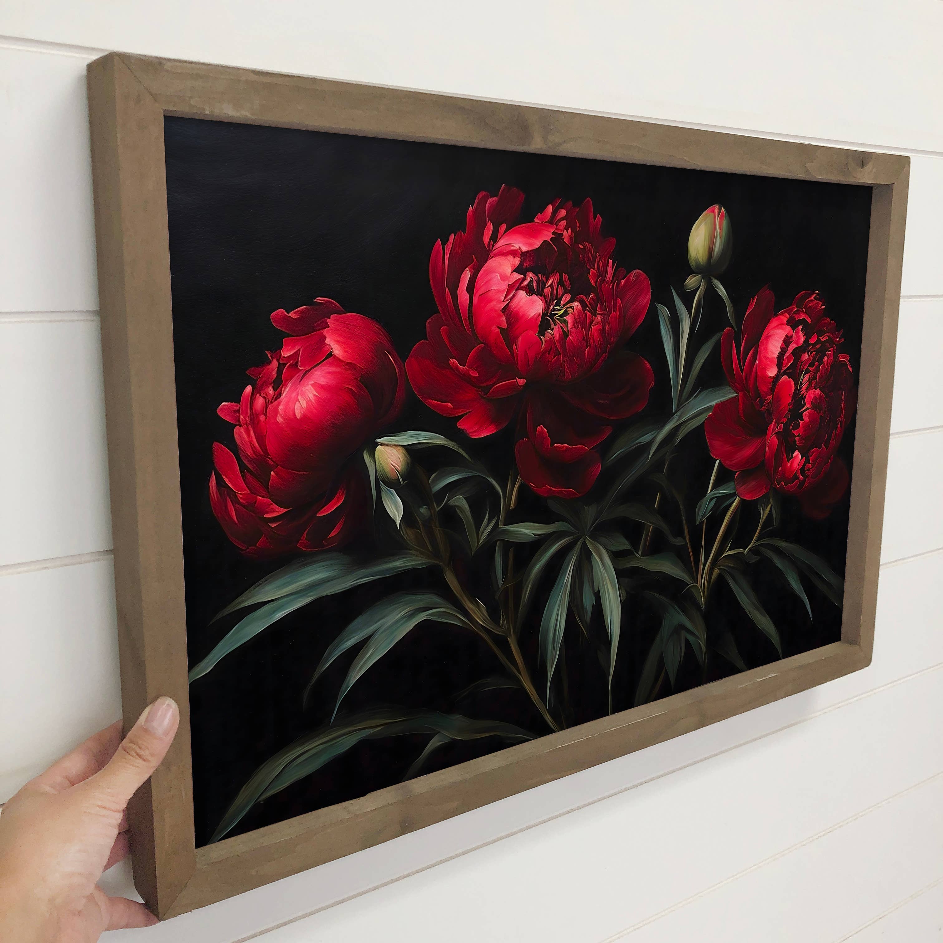 Dark Red Peonies - Flower Canvas Art - Wood Framed Wall Art