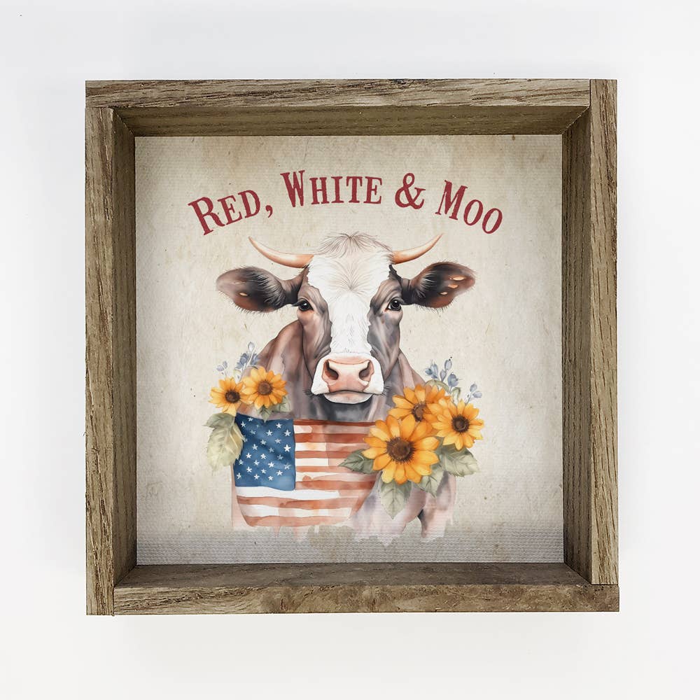 Red, White and Moo - Cute America Sign - Farm Animal Art