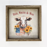 Red, White and Moo - Cute America Sign - Farm Animal Art