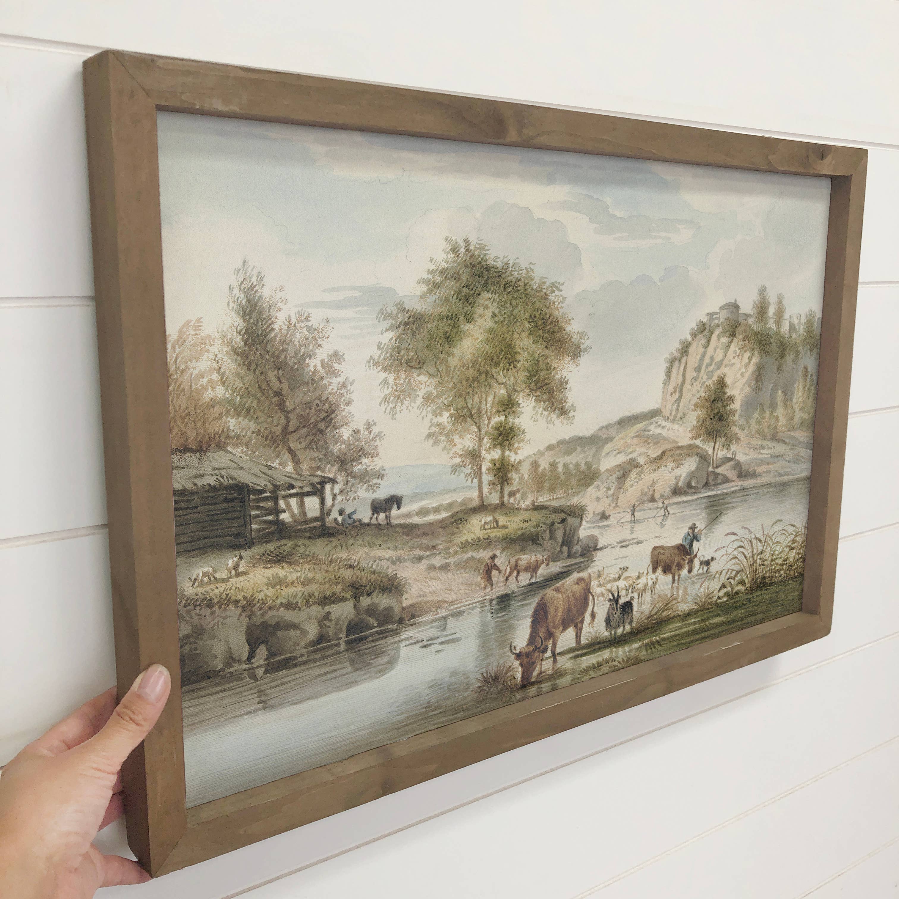 Riverside Famers with Cows - Farmhouse Canvas Art - Framed