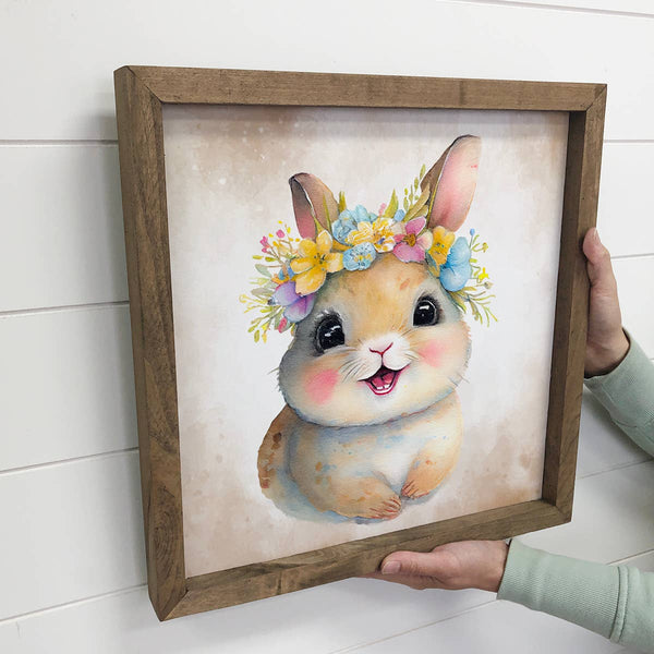 Cute Flower Bunny - Nursery Art with Rustic Wood Frame