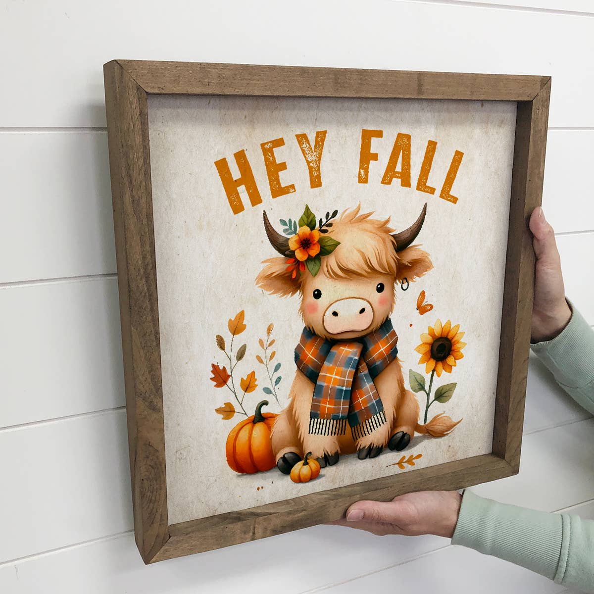 Hey Fall Furry Highland Cow - Fall Canvas Art - Framed Decor