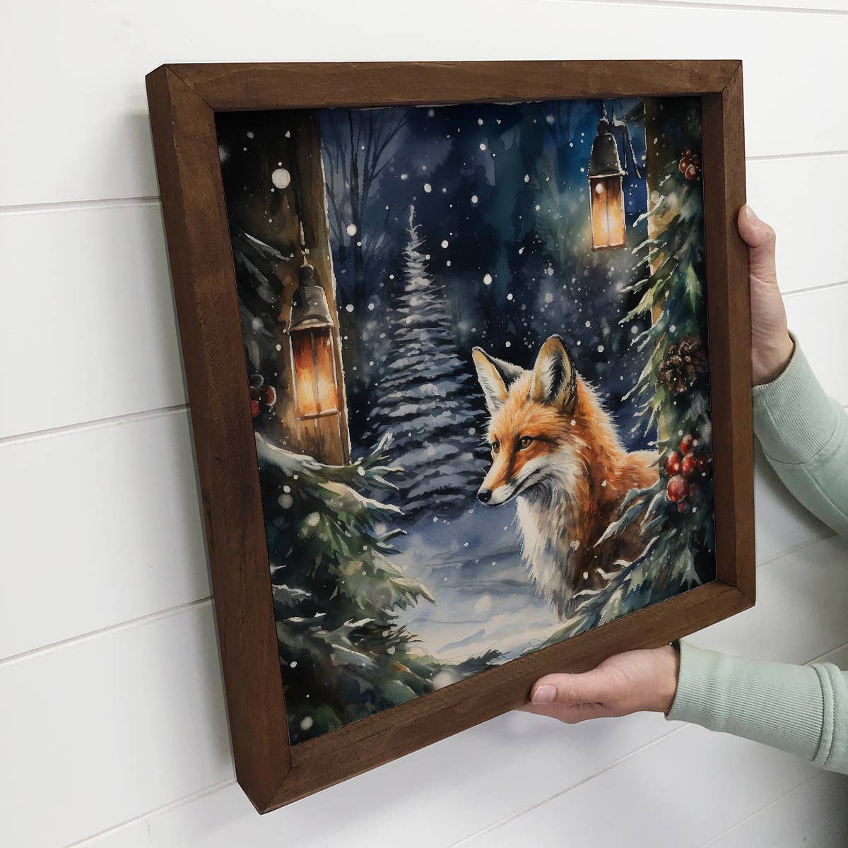 Winter Watercolor Fox in Pines - Fox Canvas Art - Wood Frame