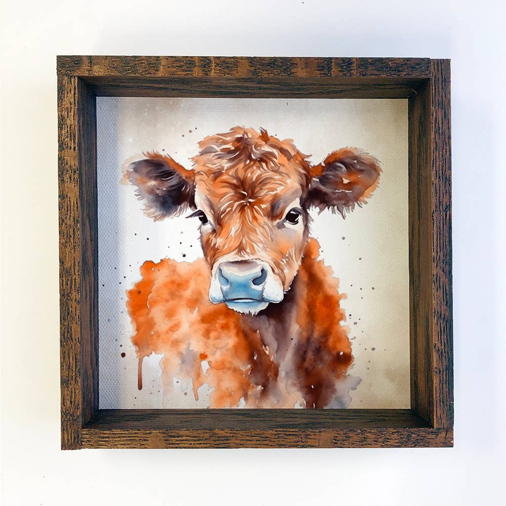 Brown Cow Watercolor - Brown Cow Art with Dark Wood Frame