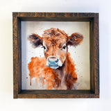 Brown Cow Watercolor - Brown Cow Art with Dark Wood Frame