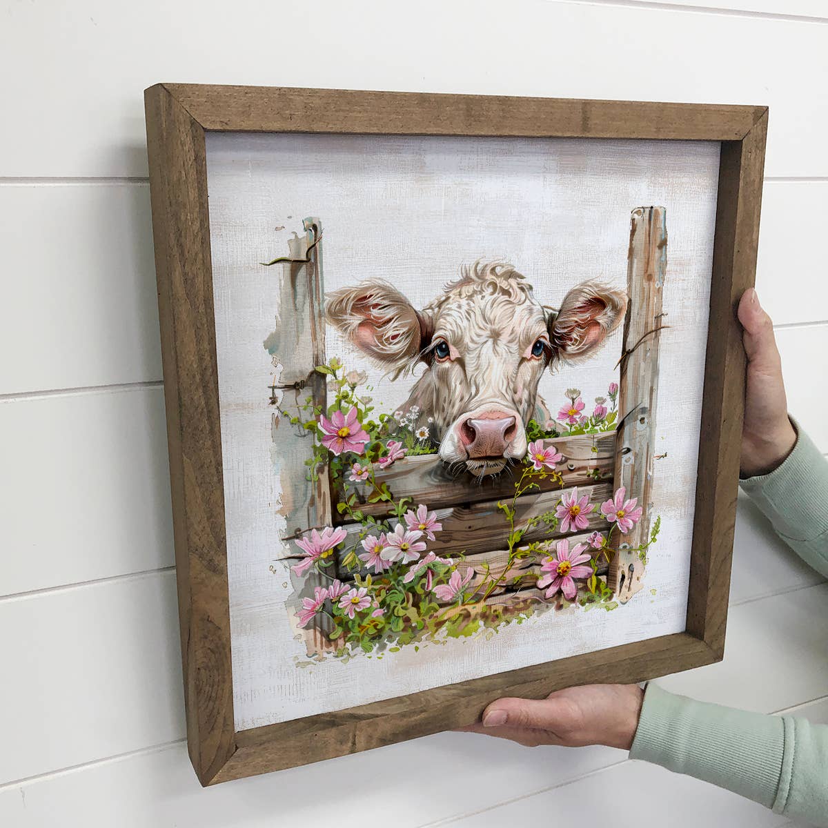Cow Over Fence with Flowers - Cow Canvas Art - Wood Framed