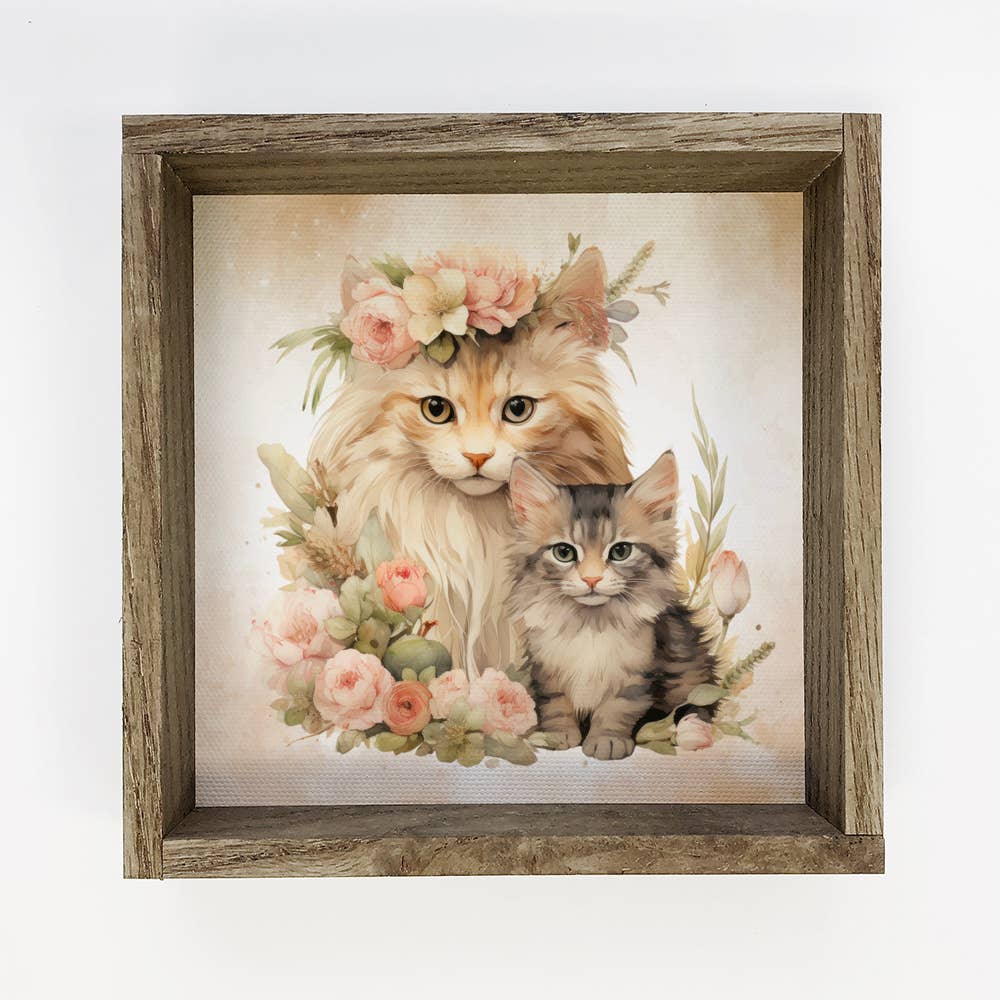 Mother Baby Cat Watercolor - Framed Cat Canvas Art - Framed