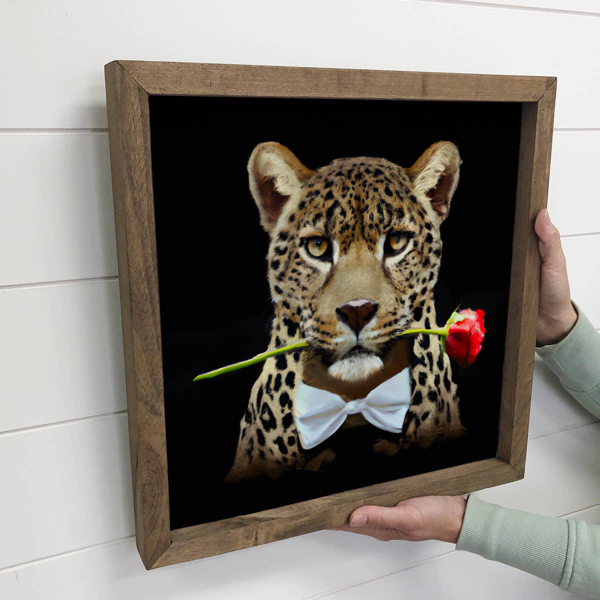 Valentines Sign - Leopard with Rose - Black Canvas and Wood