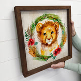 Christmas Wreath Lion - Cute Holiday Animal - Wood Frame Art