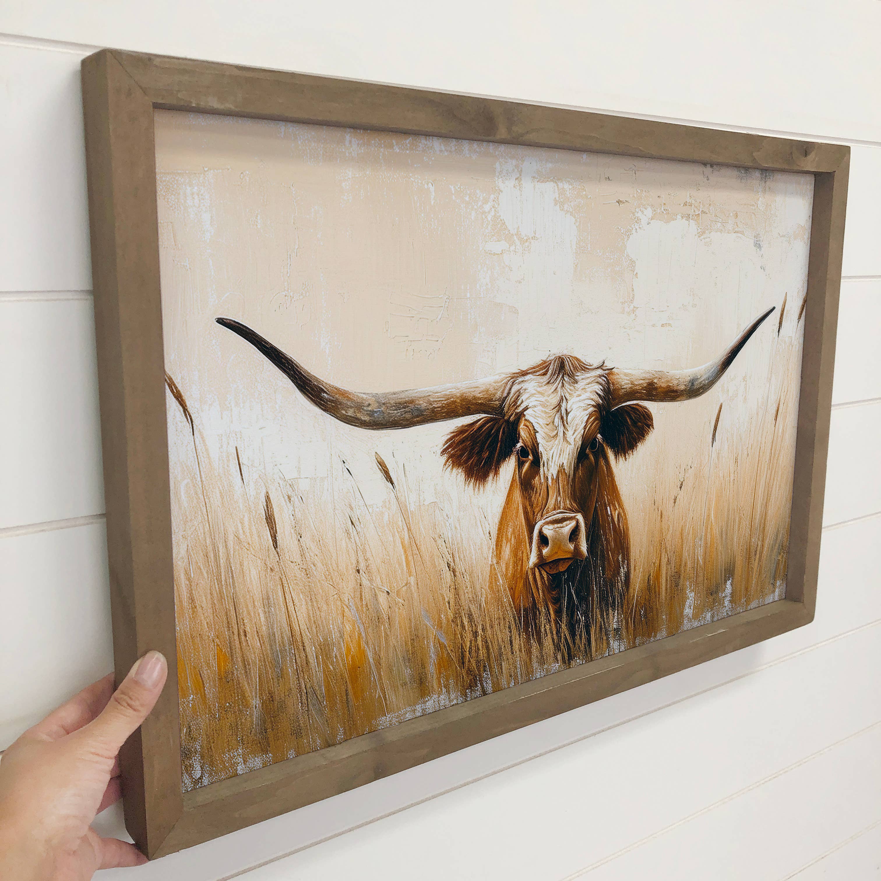 Long Horn Cow Texas Grass - Long Horn Cow Canvas Art - Frame